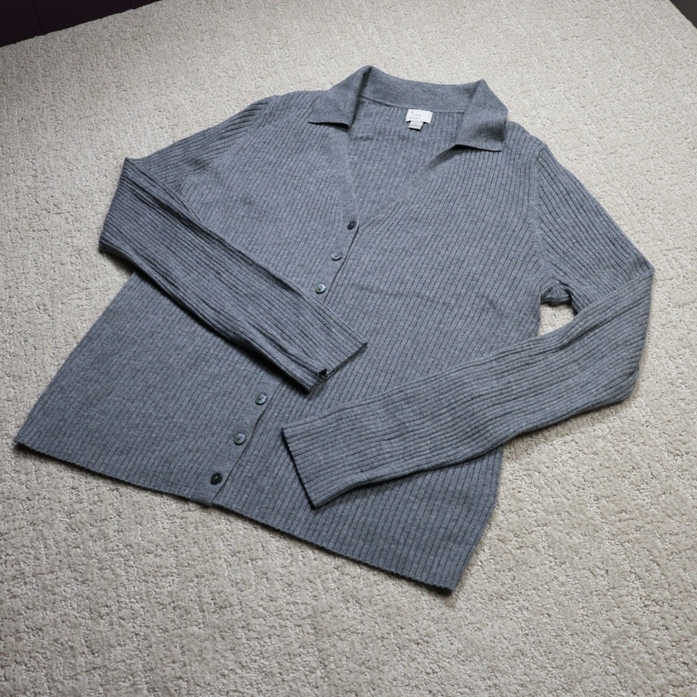 A New Day Womens Gray Ribbed Knit Button Front Polo Collar Cardigan Sweater L